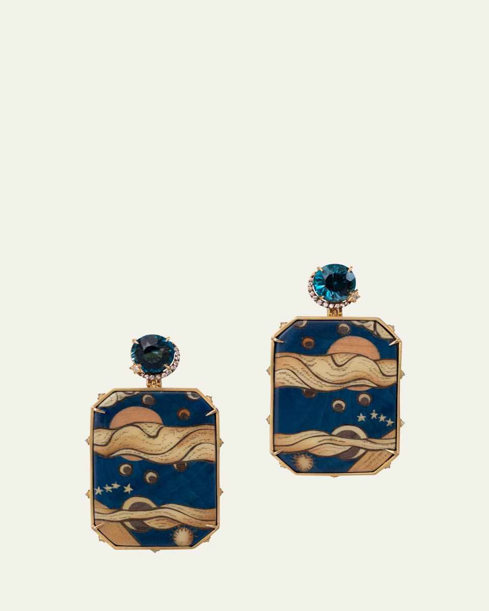 18K Yellow Gold Marquetry Wood Earrings with Diamonds and London Blue Topaz